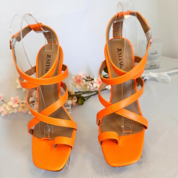 Vibrant Orange Clear Heeled Wedge Sandals, Size 9 - Picture 3 of 10